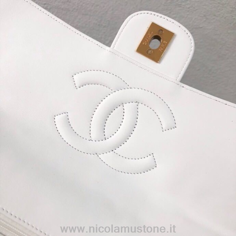 γνήσιας ποιότητας Chanel Vintage καπιτονέ με διπλή λαβή τσάντα με διπλό πτερύγιο 28cm δέρμα αρνιού ασημί υλικό συλλογή άνοιξη/καλοκαίρι 2019 λευκό