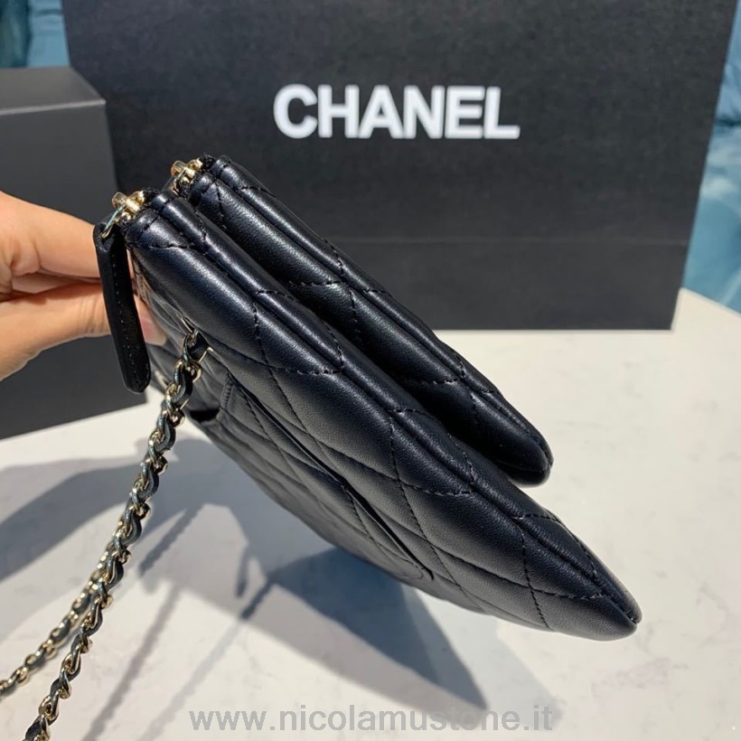 γνήσιες τσάντες διπλής θήκης Chanel ποιότητας με λουράκι 24cm δέρμα αρνιού χρυσό υλικό κρουαζέ 2020 εποχιακή συλλογή Ap1073 μαύρο