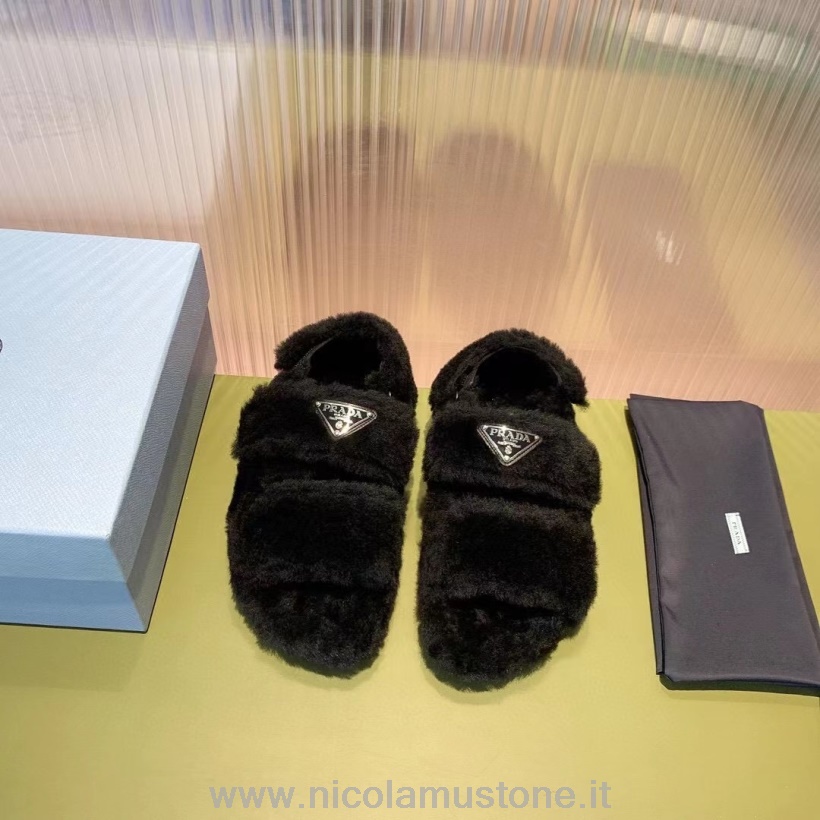 Γνήσια γούνα Prada Velcro σανδάλια από δέρμα μοσχαριού συλλογή φθινόπωρο/χειμώνας 2021 μαύρο