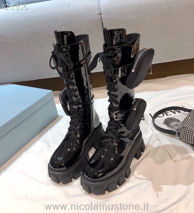 γνήσιας ποιότητας Prada μονόλιθοι ψηλές μπότες με γόνατο λουστρίνι από δέρμα μοσχαριού συλλογή φθινόπωρο/χειμώνας 2020 μαύρο
