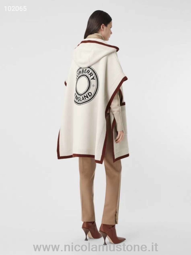 Original quality Burberry Logo Graphic Wool Cashmere Jacquard Hooded Cape Shawl/Cape Fall/Winter 2020 Collection White/Tan