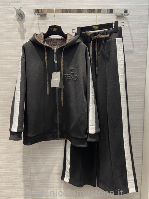 Original quality Fendi FF Logo Reversible Cotton Fleece Hoodie Jacket and Pants Set Fall/Winter 2021 Collection Black/Brown