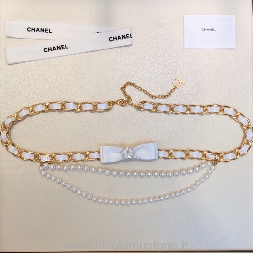 Original quality Chanel Pearl Chain Woven 1MM Waist Belt Gold Hardware Calfskin Leather Fall/Winter 2020 Collection White