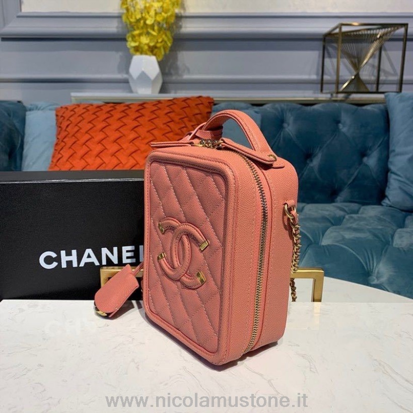 Original quality Chanel CC Filigree Vertical Vanity Case Bag 18cm Gold Hardware Caviar Leather Cruise 2019 Collection Pink