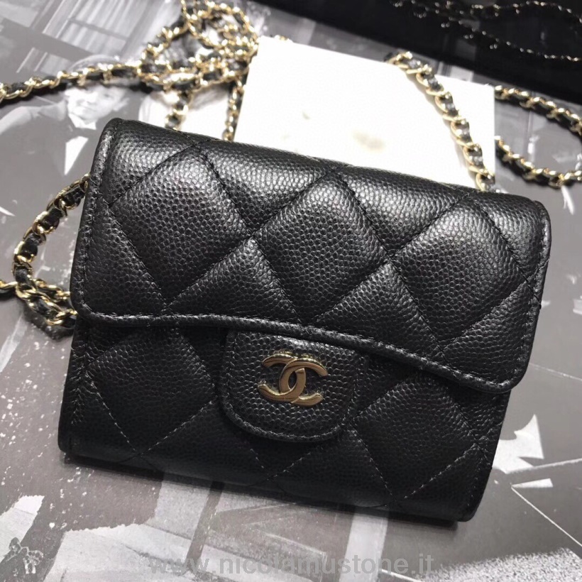 Original quality Chanel Compact Multi Card Wallet on Chain 12cm Caviar Leather Gold Hardware Fall/Winter 2020 Collection Black