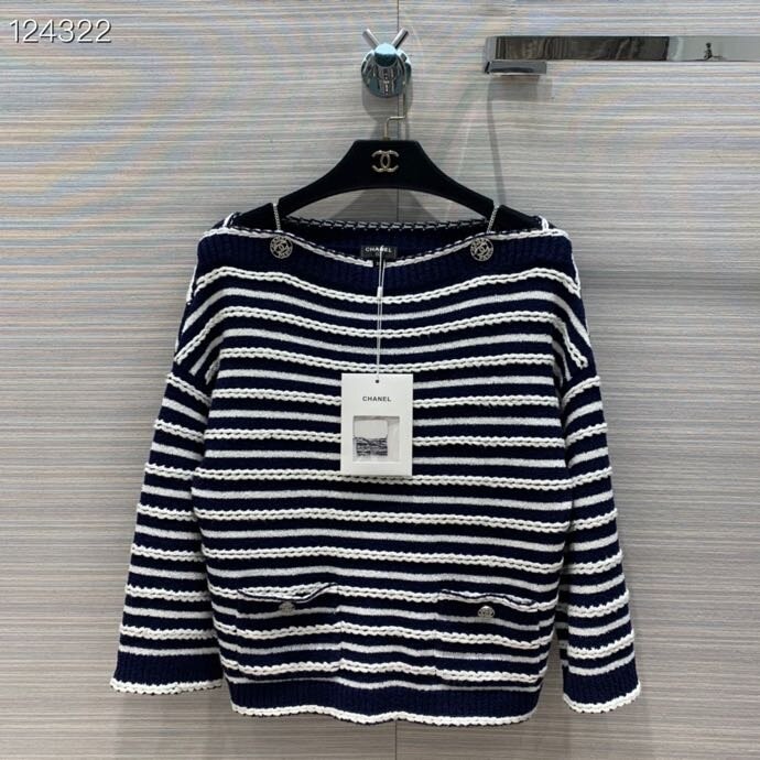 Original quality Chanel Boat Neckline Womens Sweater Fall/Winter 2020 Collection Blue/White