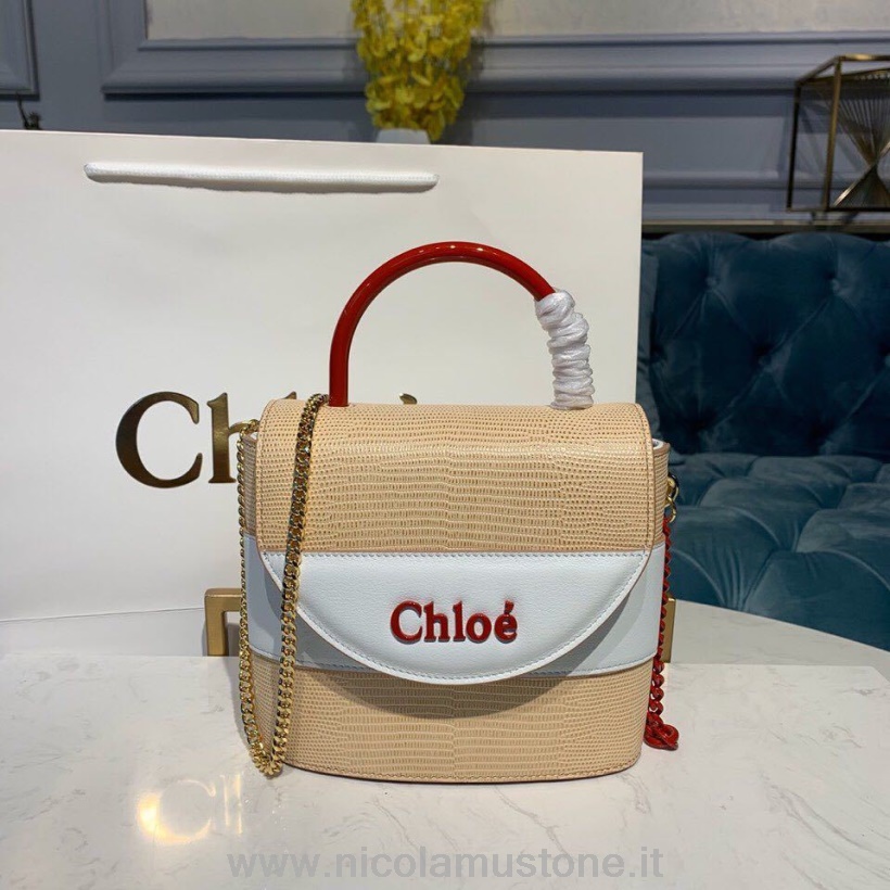 Original quality Chloe Aby Lock Shoulder Bag 18cm Gold Hardware Lizard Effect Smooth Calfskin Leather Fall/Winter 2019 Collection Beige/White