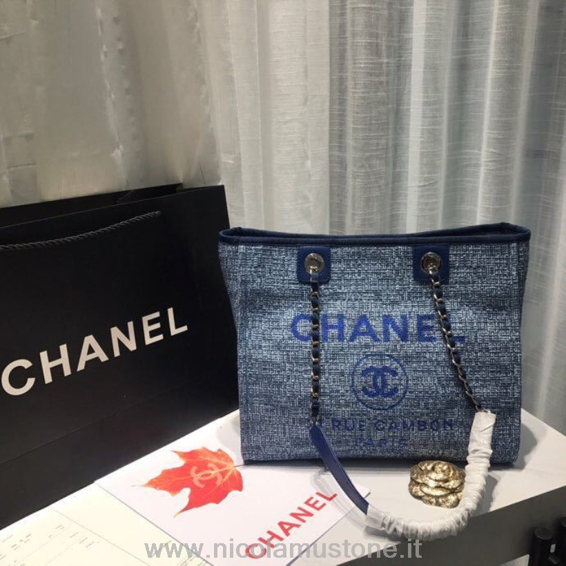 Original quality Chanel Deauville Tote 34cm Canvas Bag Spring/Summer 2019 Collection Light Blue Denim Multi