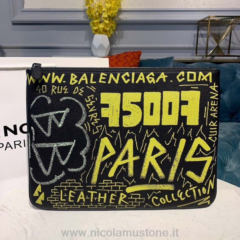Original quality Balenciaga Bazar Graffiti Pouch 33cm Printed Calfskin Leather Fall/Winter 2019 Collection Black/Yellow