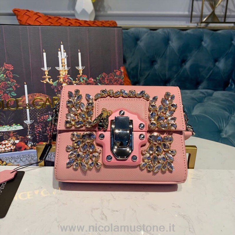 Original quality Dolce Gabbana Crystal Embellished Shoulder Bag 16cm Calfskin Leather Fall/Winter 2019 Collection Light Pink