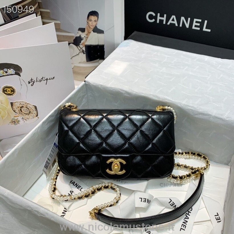 Original quality Chanel Flap Woven Pearl Embellished Strap Bag 20cm Gold Hardware Lambskin Leather Fall/Winter 2020 Collection Black