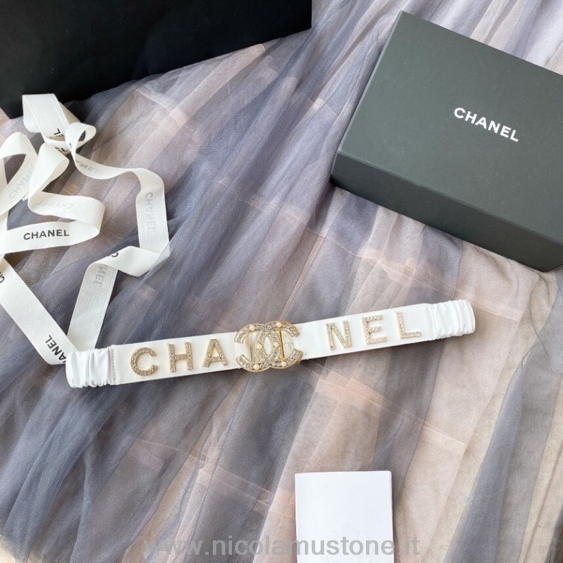 Original quality Chanel Woven Rhinestone CC Logo Waist Belt Gold Hardware Spring/Summer 2020 Collection White
