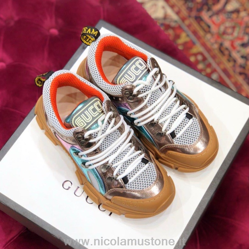 Original quality Gucci Flashtrek GG Sneakers Calfskin Leather Fall/Winter 2019 Collection White/Metallic Pink/Blue