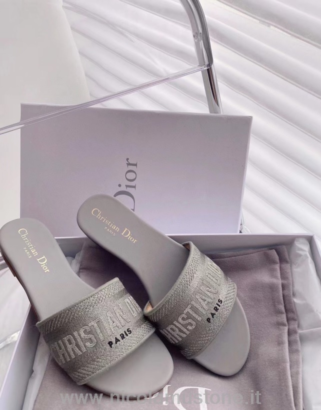Original quality Christian Dior Dway Sandals in Embroidered Cotton Calfskin Leather Spring/Summer 2021 Collection Gray