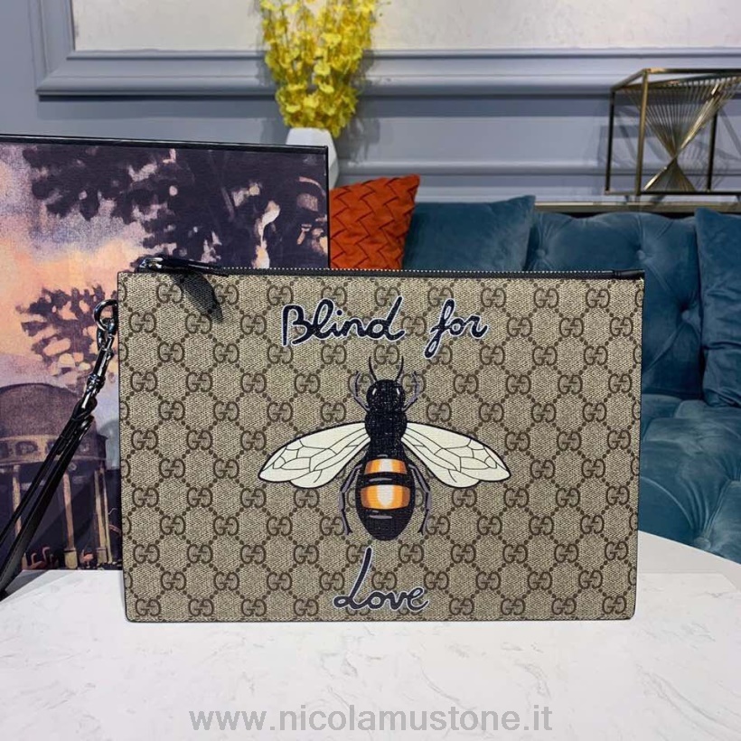 Original quality Gucci Bee Motif Zip Pouch 30cm Leather Trim Canvas Fall/Winter 2019 Collection Brown
