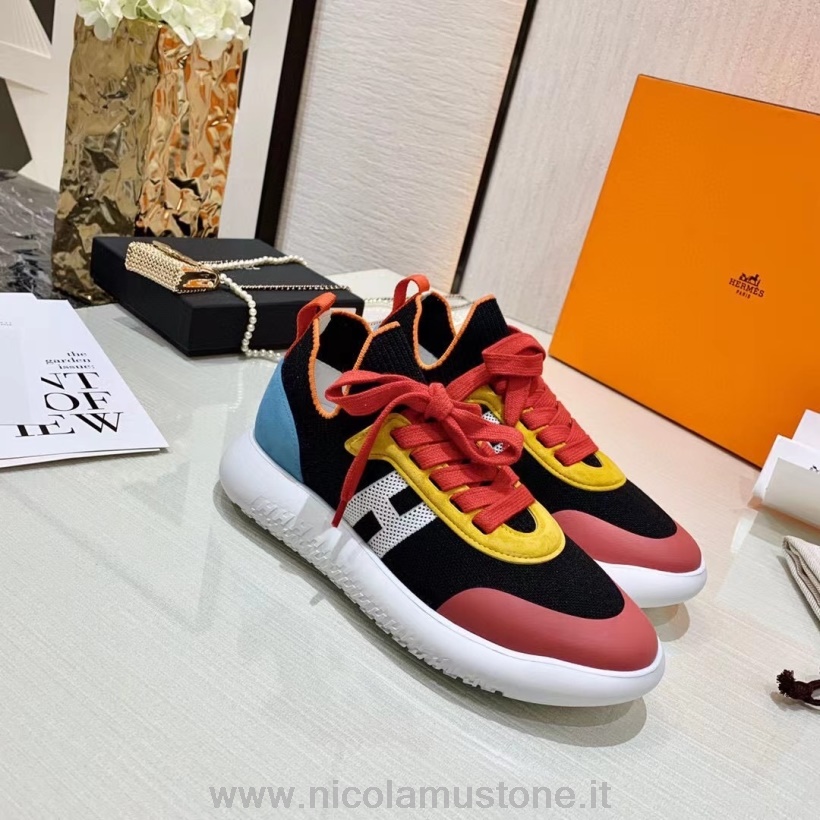 Original quality Hermes Crew Knit Lace Sneakers Fall/Winter 2021 Collection Red/Blue/Yellow