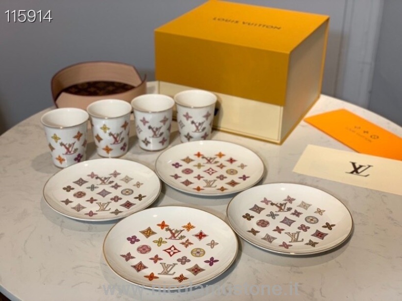 Original quality Louis Vuitton 4 Plates and 4 Cups Porcelain Tableware Set Throw Pillow 116394 Black/Multicolor