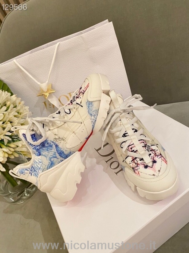Original quality Christian Dior Around The World D-Connect Neoprene Sneakers Calfskin Leather Fall/Winter 2020 Collection White/Blue