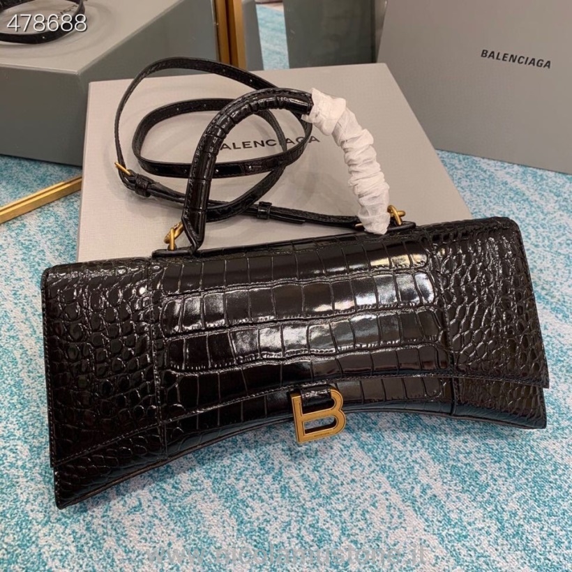 Original quality Balenciaga Hourglass Stretch Top Handle Bag 35cm 671000 Crocodile Embossed Leather Spring/Summer 2021 Collection Black