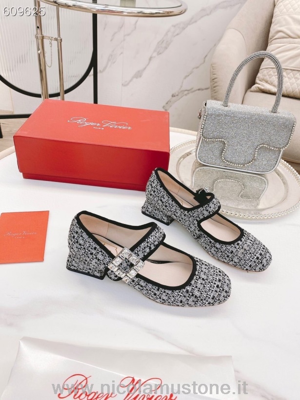 Original quality Roger Vivier Babies Mary Jane Flats Tweed/Calfskin Leather Fall/Winter 2021 Collection Black