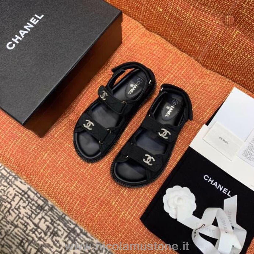 Original quality Chanel Jeweled CC Logo Jersey Velcro Sandals Lambskin Leather Spring/Summer 2020 Collection Black
