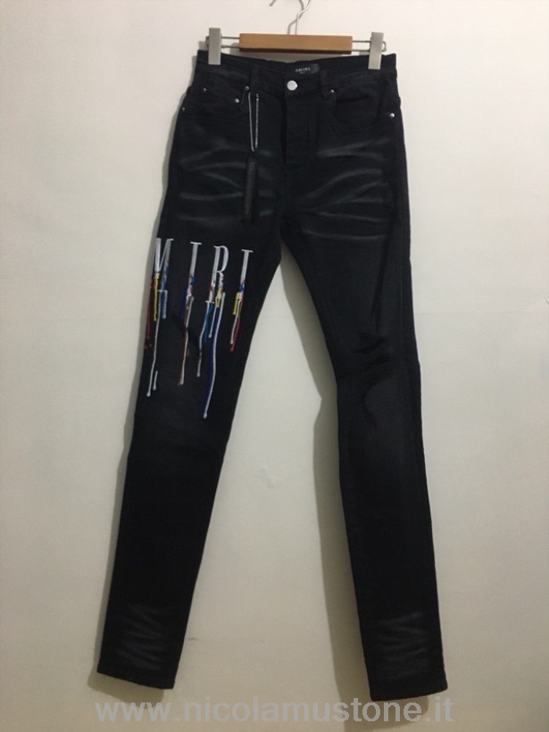 Original quality Amiri Drip Core Embroidery Skinny Leg Denim Jeans Spring/Summer 2022 Collection Black