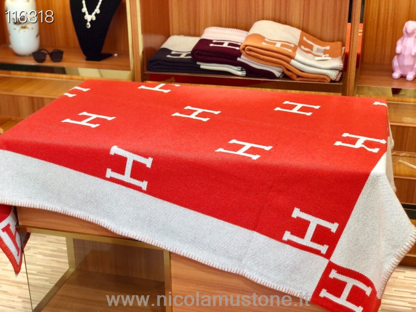 Original quality Hermes Avalon Signature H Wool Throw Blanket Ecru/Red