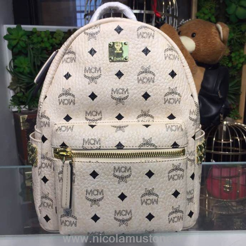 Original quality MCM Studded Backpack 24cm Calfskin Leather Spring/Summer 2018 Collection Cream