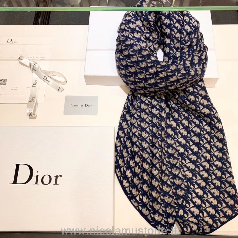 Original quality Christian Dior CD Oblique Cashmere Scarf 140cm Fall/Winter 2019 Collection Blue