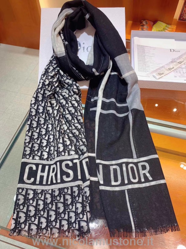 Original quality Christian Dior Cashmere/Silk Fringe Scarf 200cm Fall/Winter 2019 Collection Black/Light Grey