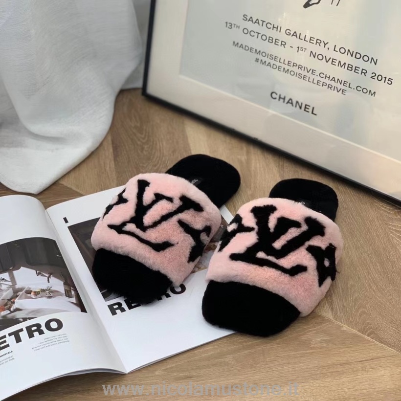 Original quality Louis Vuitton Fur Mule Slides Leather Fall/Winter 2021 Collection 1A95DZ Light Pink/Black