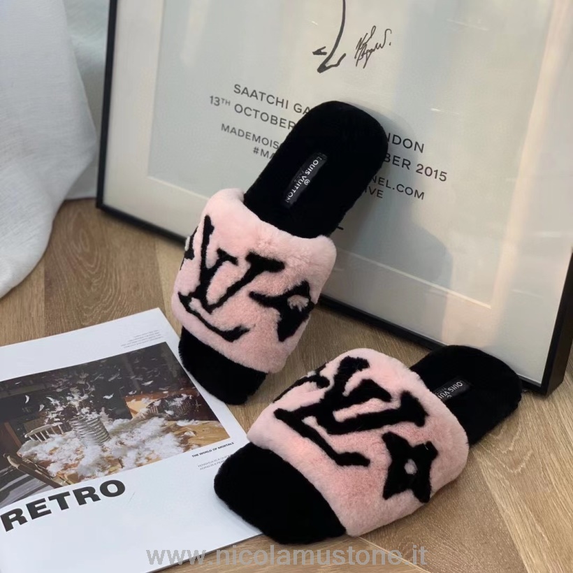 Original quality Louis Vuitton Fur Mule Slides Leather Fall/Winter 2021 Collection 1A95DZ Light Pink/Black