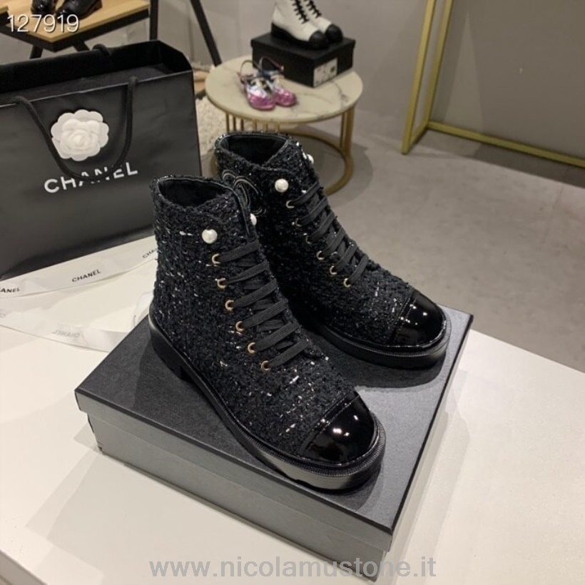 Qualità Originale Chanel Stivaletti Stringati Tweed/pelle Di Vitello Collezione Autunno/inverno 2020 Nero/multi