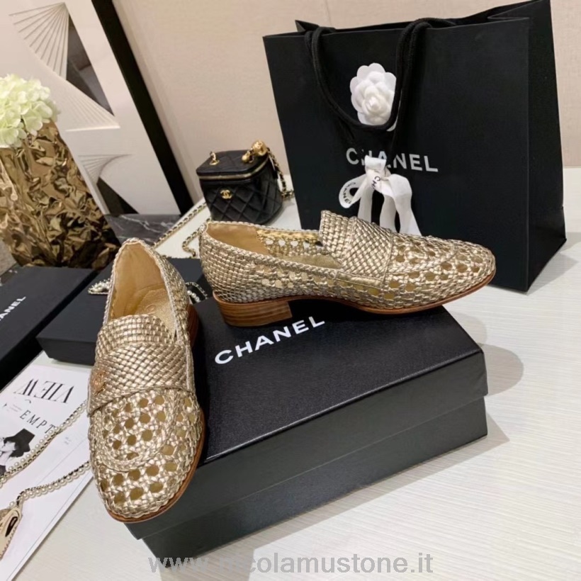 Mocasines Chanel Woven Driver De Calidad Original Piel De Becerro Colección Otoño/invierno 2021 Oro