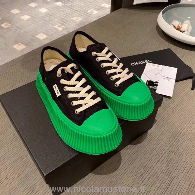Zapatillas De Plataforma De Lona Chanel De Calidad Original Colección Otoño/invierno 2021 Negro/verde