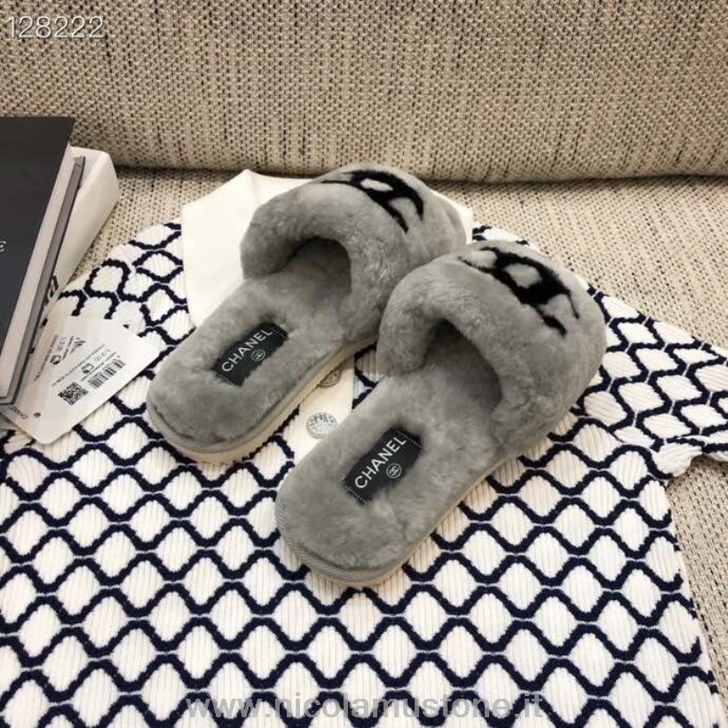 Chanel Cc Fur Slippers Colección Otoño/invierno 2020 Calidad Original Gris