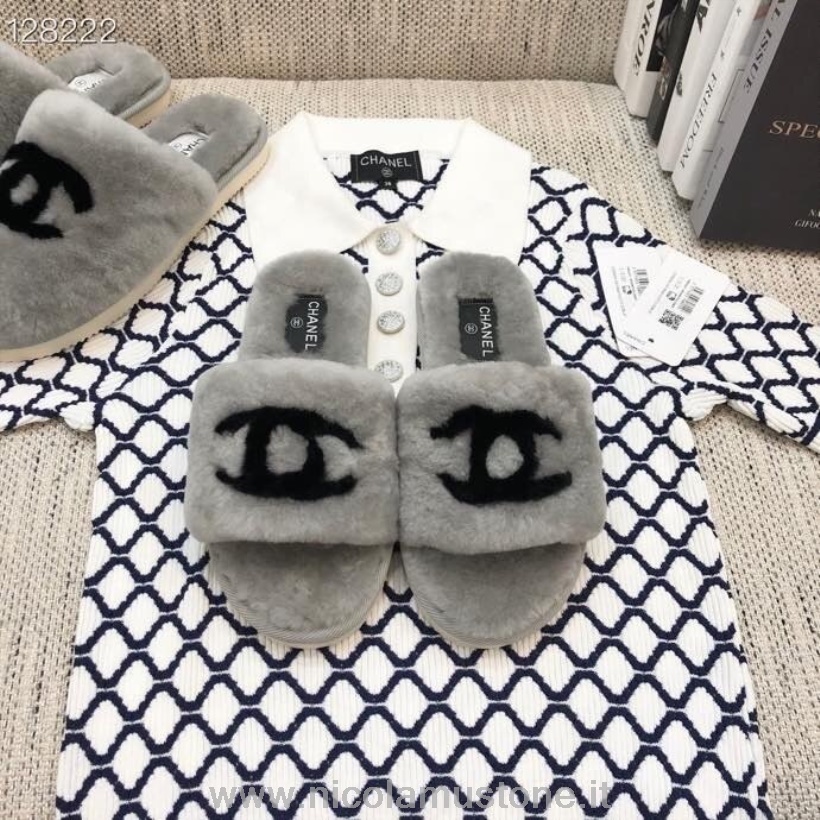Chanel Cc Fur Slippers Colección Otoño/invierno 2020 Calidad Original Gris