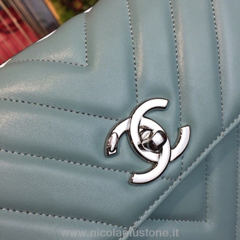 Calidad Original Chanel Trendy Cc Chevron Top Handle Bag 25cm Piel De Becerro Herrajes Plateados Colección Primavera/verano 2018 Act 1 Azul Claro
