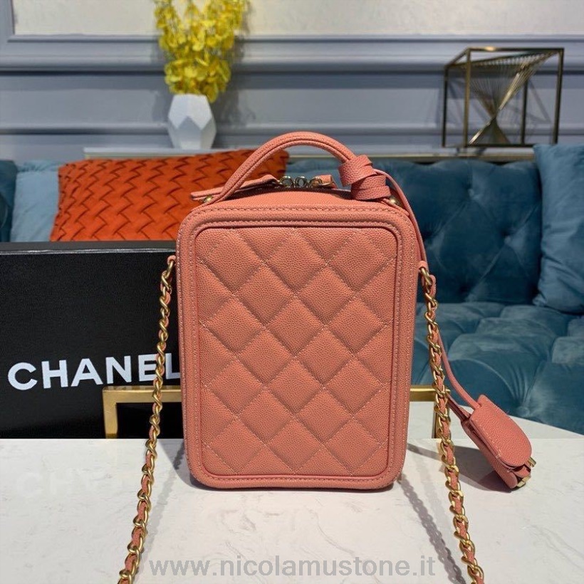 Neceser Chanel Cc Filigrana Vertical Calidad Original Bolso 18cm Herrajes Dorados Piel Caviar Colección Crucero 2019 Rosa