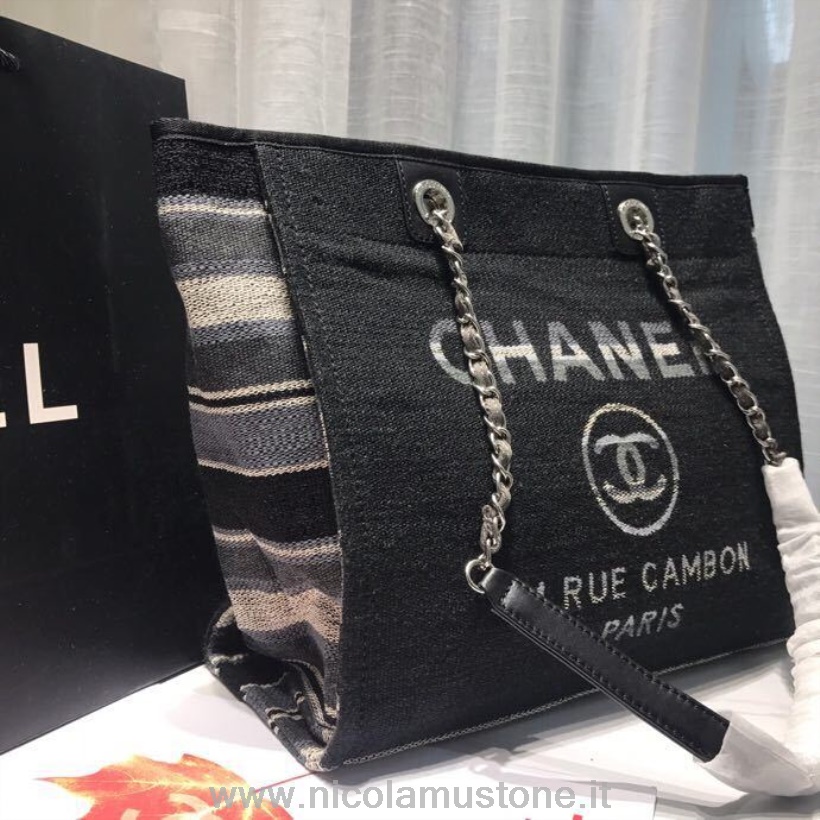 Bolso De Lona Chanel Deauville De Calidad Original Bolso De Lona De 34 Cm Colección Primavera/verano 2019 Denim Negro/blanco/multi