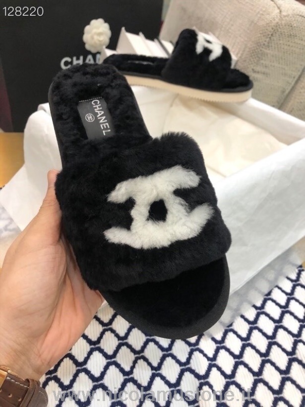 Chanel Cc Fur Slippers Colección Otoño/invierno 2020 Calidad Original Negro
