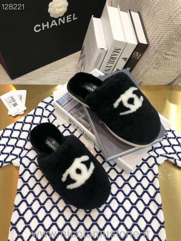 Chanel Cc Fur Slippers Colección Otoño/invierno 2020 Calidad Original Negro