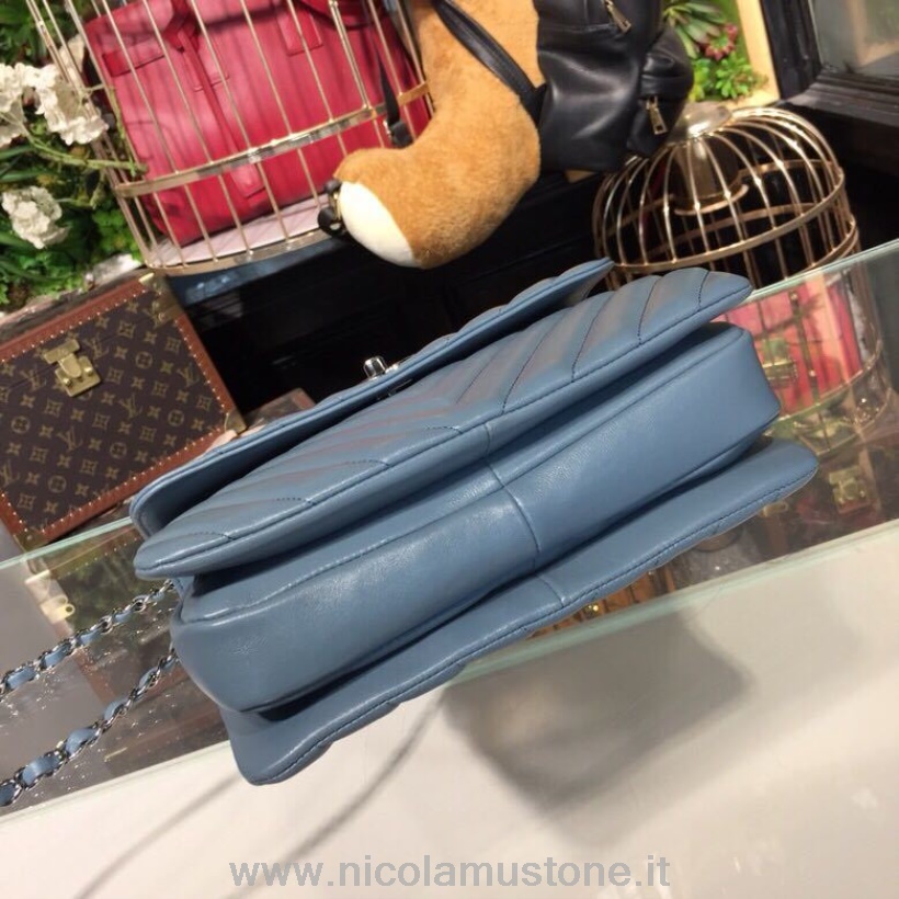 Calidad Original Chanel Trendy Cc Chevron Top Handle Bag 25cm Piel De Becerro Hardware Plateado Primavera/verano 2018 Act 1 Colección Azul Cielo