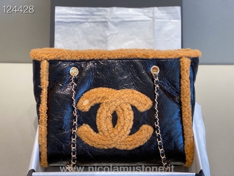 Calidad Original Chanel Teddy Shearling Bolso Tote Deauville 33cm Piel De Becerro Herrajes Dorados Colección Otoño/invierno 2019 Negro/marrón