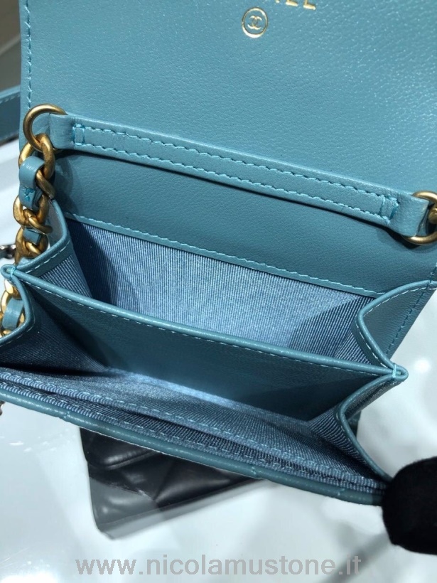 Chanel Mini Tarjetero 19 Bolso 12cm Piel Cordero Herrajes Dorados Colección Otoño/invierno 2020 Azul Claro Calidad Original