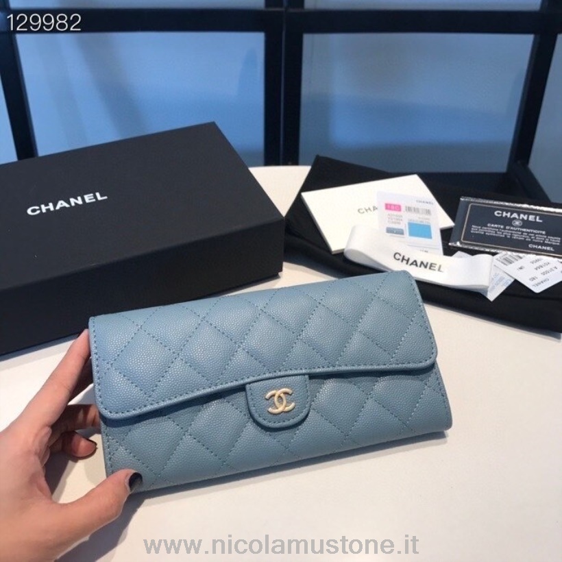 Cartera Larga Chanel Calidad Original 19cm Herrajes Dorados Piel Caviar Colección Otoño/invierno 2020 Azul
