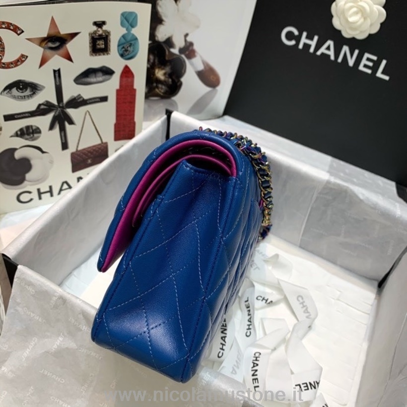Bolso Chanel Classic Con Solapa Calidad Original 25cm Piel Cordero Arco Iris Herrajes Colección Crucero Primavera/verano 2022 Azul