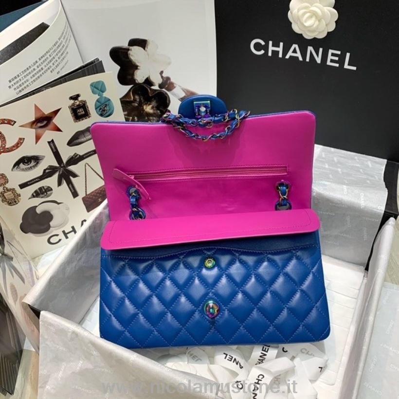 Bolso Chanel Classic Con Solapa Calidad Original 25cm Piel Cordero Arco Iris Herrajes Colección Crucero Primavera/verano 2022 Azul
