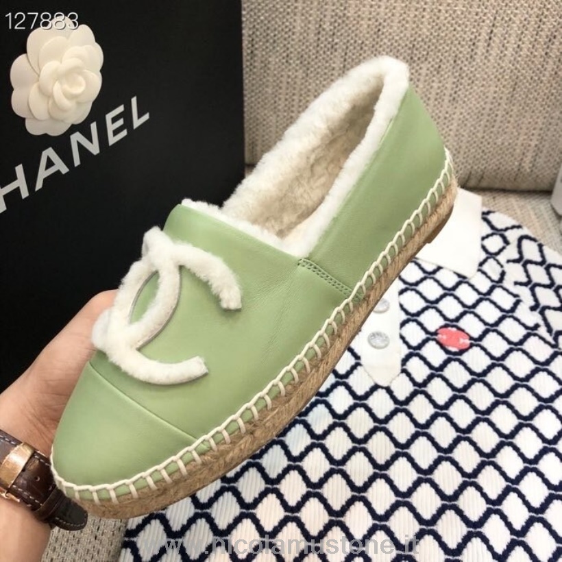 Alpargatas Chanel De Piel De Borrego Calidad Original Piel De Cordero Colección Otoño/invierno 2020 Verde/blanco