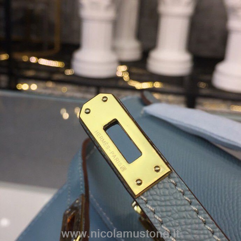 Calidad Original Hermes Mini Kelly Kp Pochette 22 Cm Epsom Piel De Becerro Oro Hardware Cosido A Mano Azul Jean